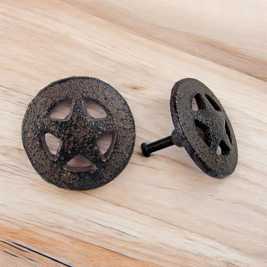 Cast Iron Circle Star Knob, Rustic Cabinet & Drawer Pull (Set of 12)