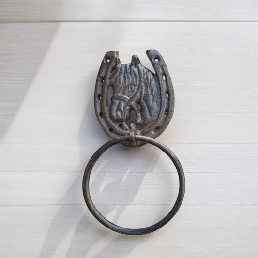 Equestrian Cast Iron Horse Head Towel Ring, Rustic Bath & Kitchen Accent