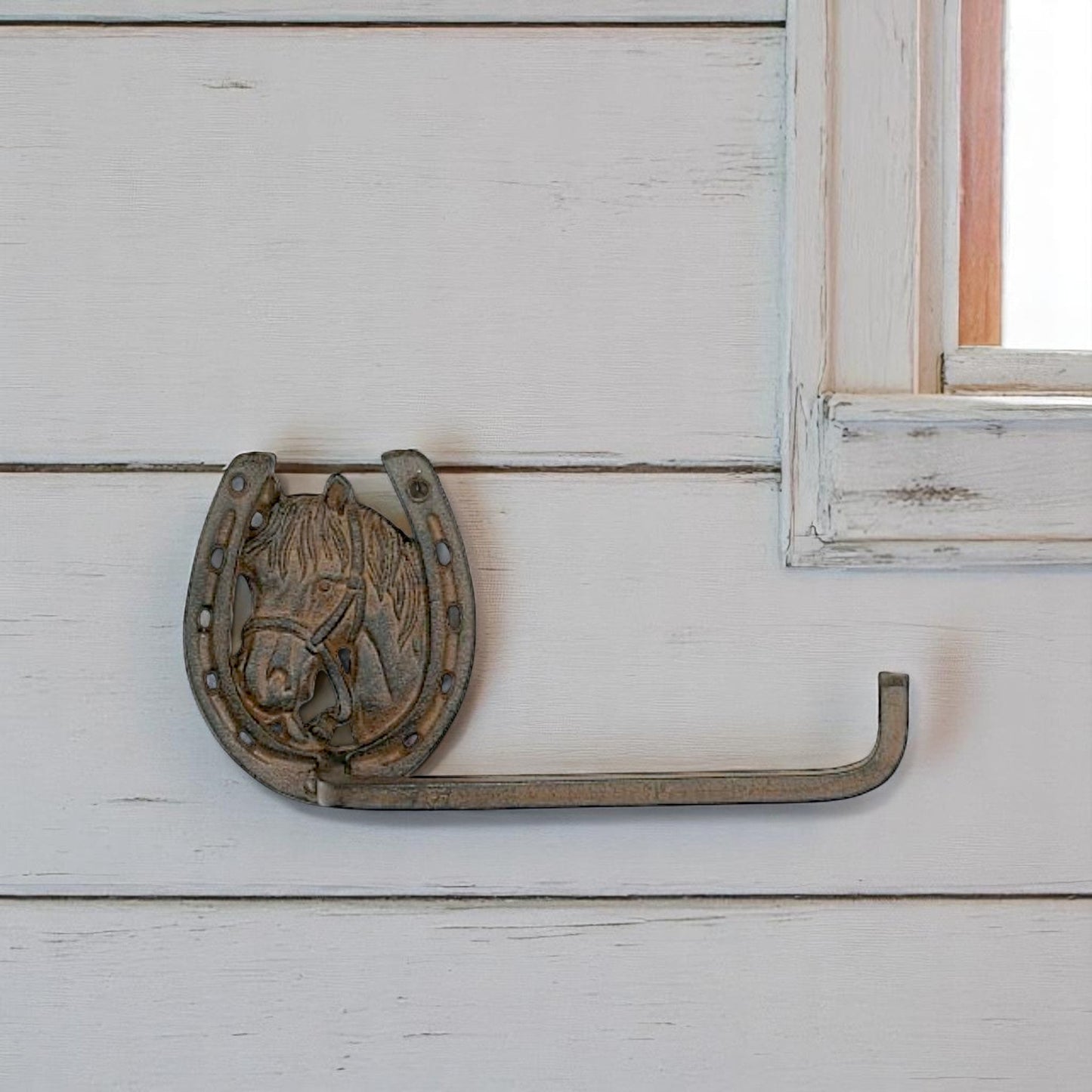 Cast Iron Horse Head and Horseshoe Tissue Holder - Rustic Western Farmhouse Bathroom Decor, Cowboy Ranch Accent