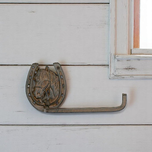 Cast Iron Horse Head and Horseshoe Tissue Holder - Rustic Western Farmhouse Bathroom Decor, Cowboy Ranch Accent